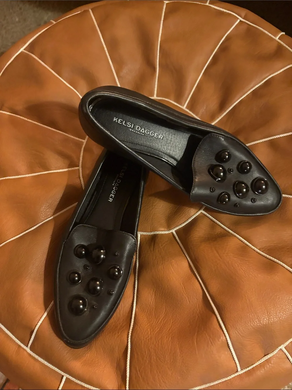 Kelsi Dagger Black Leather Beaded Pointed-Toe Flats